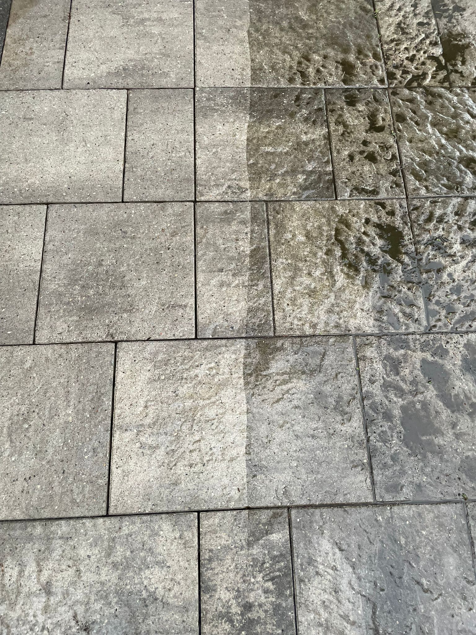 Pressure washed paver patio, before and after