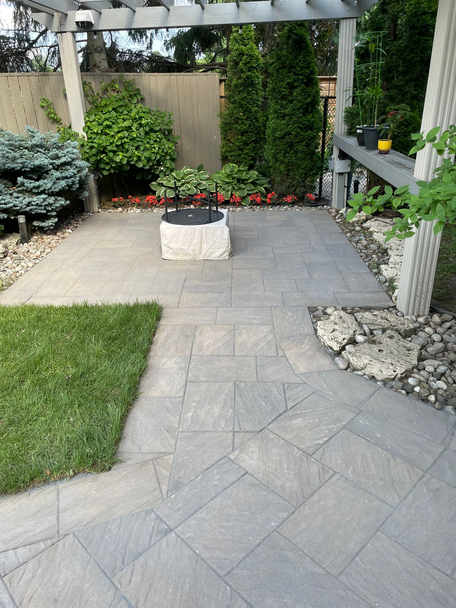 Finished paver patio with landscaping